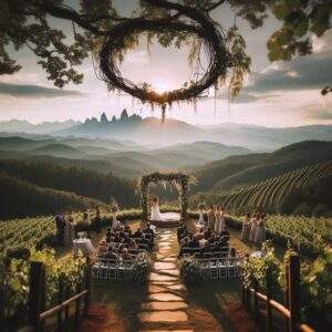 wedding with green hills in the background
