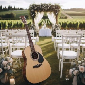 acoustic guitar sitting near white chairs in wedding ceremony